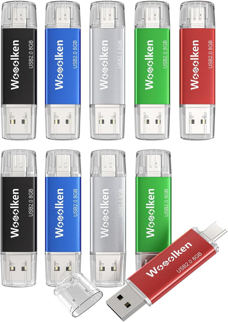 Wooolken USB C Flash Drive 8GB 10 Pack, Type-C Flash Drive + USB 2.0 Thumb Drive OTG Memory Stick Compatible with iPhone 16/15, Android Smartphone/Tablets/Computers - Image 1